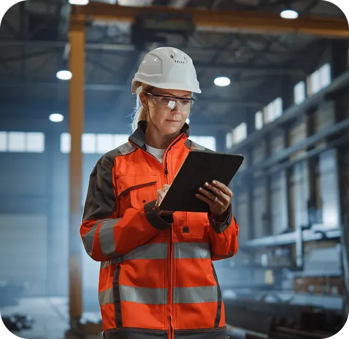 Trabalhadora em indústria com capacete, óculos de proteção e uniforme laranja, utilizando um tablet.