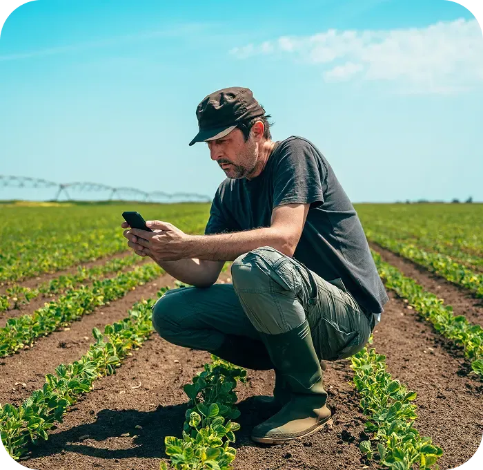 Agricultor agachado em uma plantação utilizando um celular.