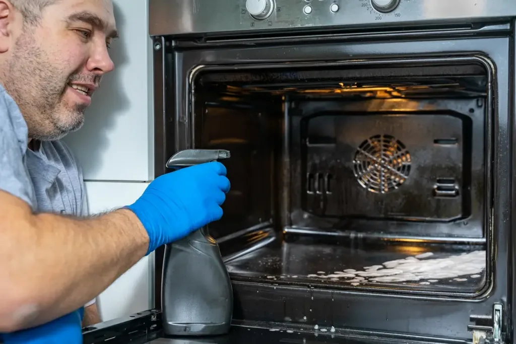Homem usando o pulverizador para limpar o forno de fogão por dentro